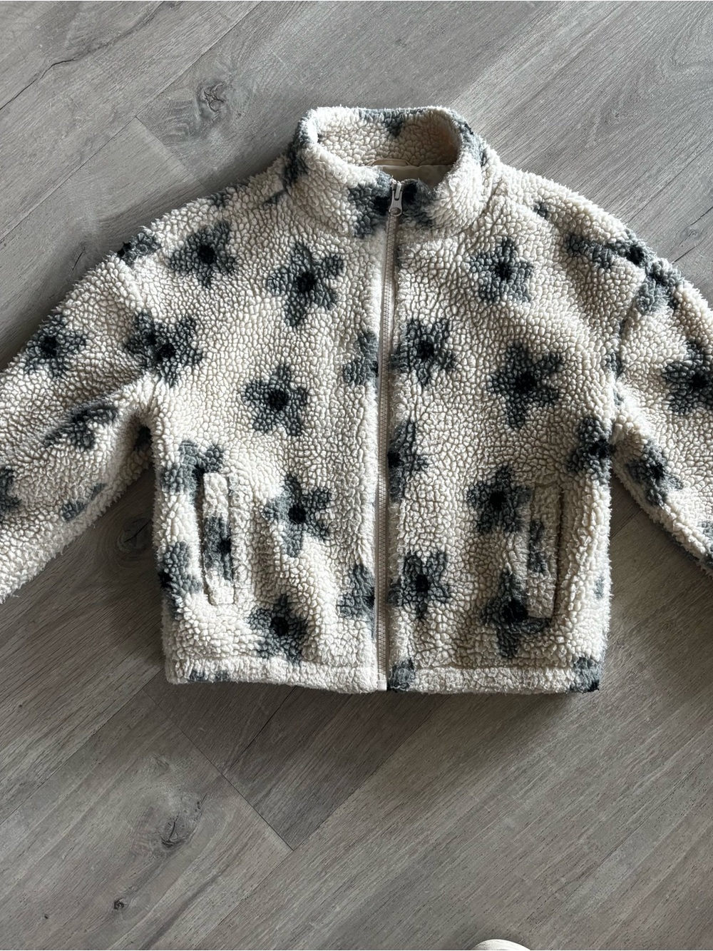 Rylee + Cru Cream Sherpa Jacket with Floral Pattern
